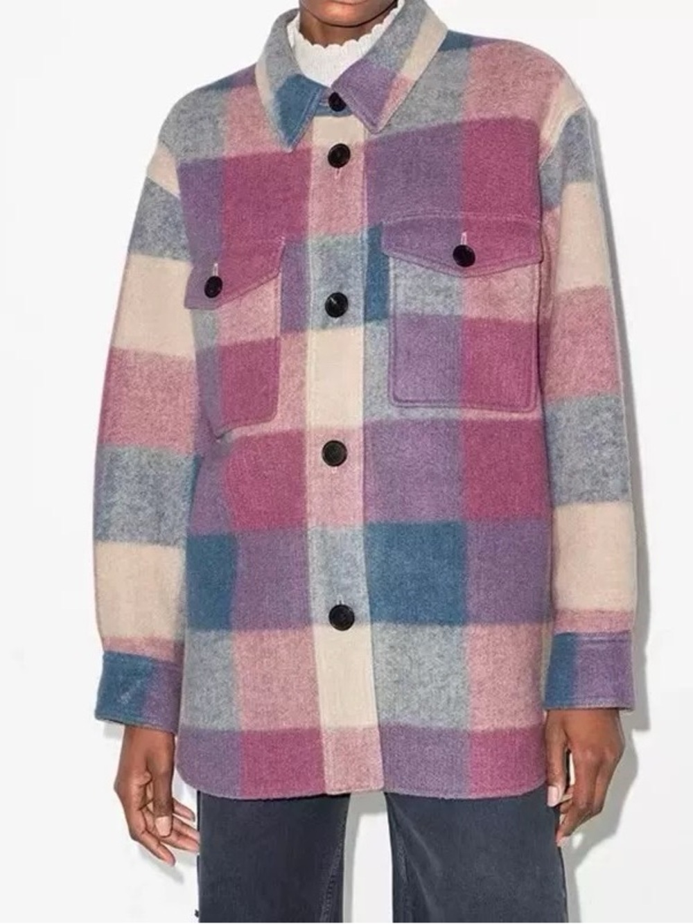 Elegant Long Sleeve Plaid Wool Blend Jacket with Shirt Collar and Pocket